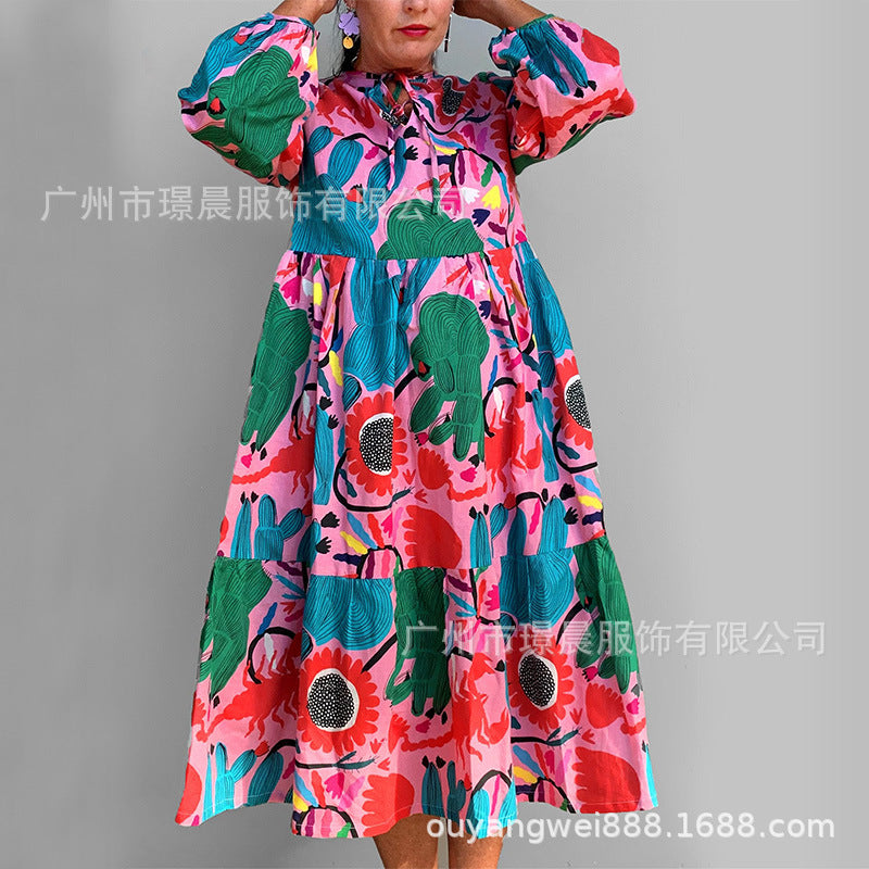 Women  Plus Size Loose Printed Long-sleeve Round-collar Dress