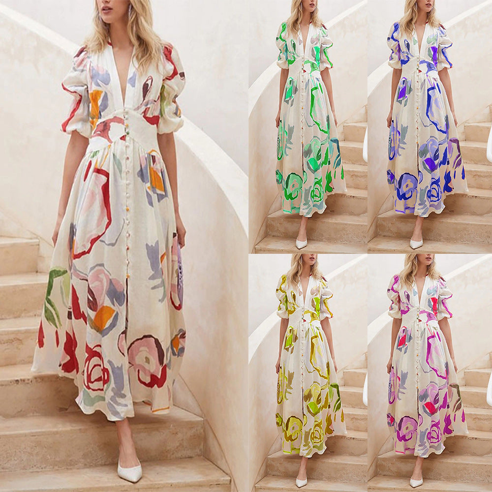 dresses  | Print Dresses For Women Summer V-neck Button Short Sleeve Dress | [option1] |  [option2]| thecurvestory.myshopify.com