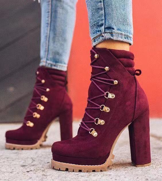 Boots  | Heeled Boots For Women Round Toe Lace UP High Heels Boots Mid Calf Shoes | Wine red |  Size35| thecurvestory.myshopify.com