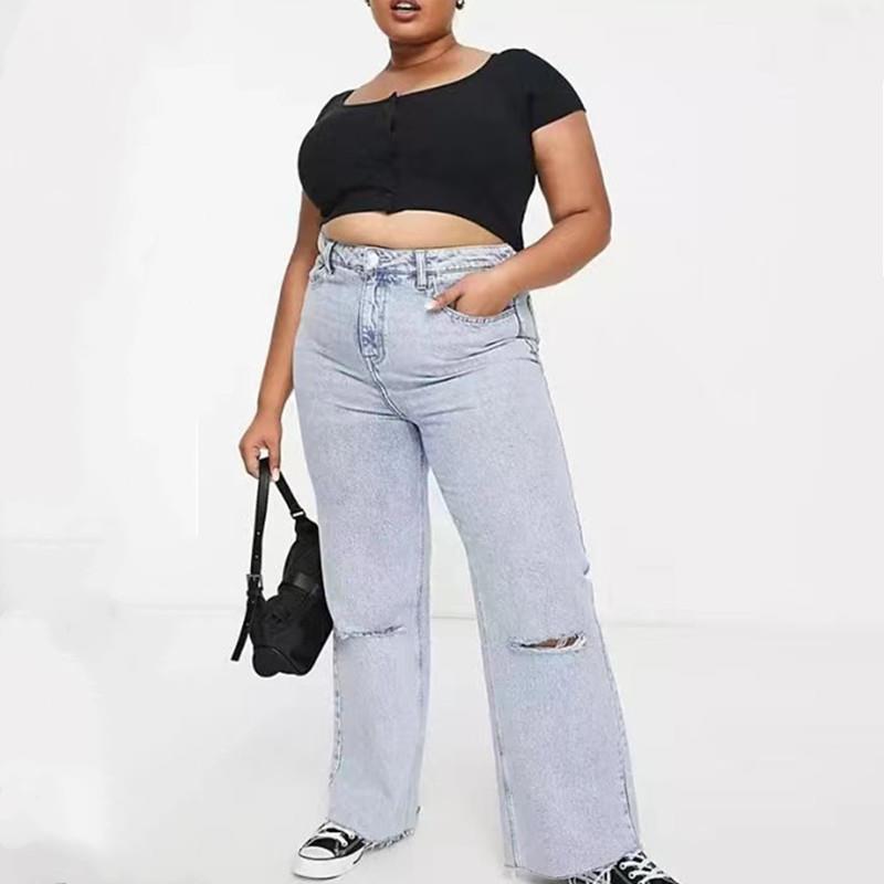 jeans  | Plus Size Perfection: Urban Leisure Straight-Leg Jeans with Trendy Washed Design – Sizes L to 4XL | Blue |  2XL| thecurvestory.myshopify.com