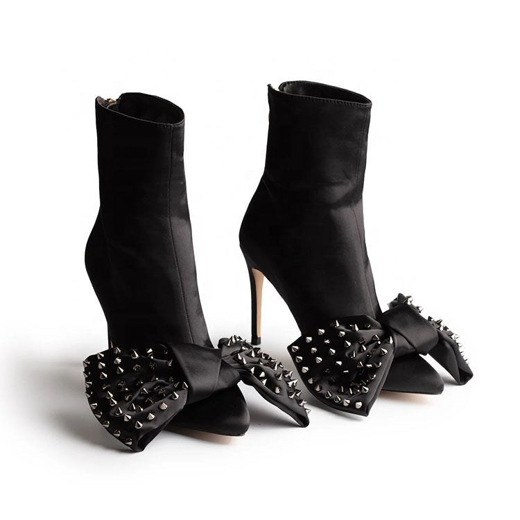 Boots  | Women High Heeled Ankle Bootie With Bow | Black |  35| thecurvestory.myshopify.com