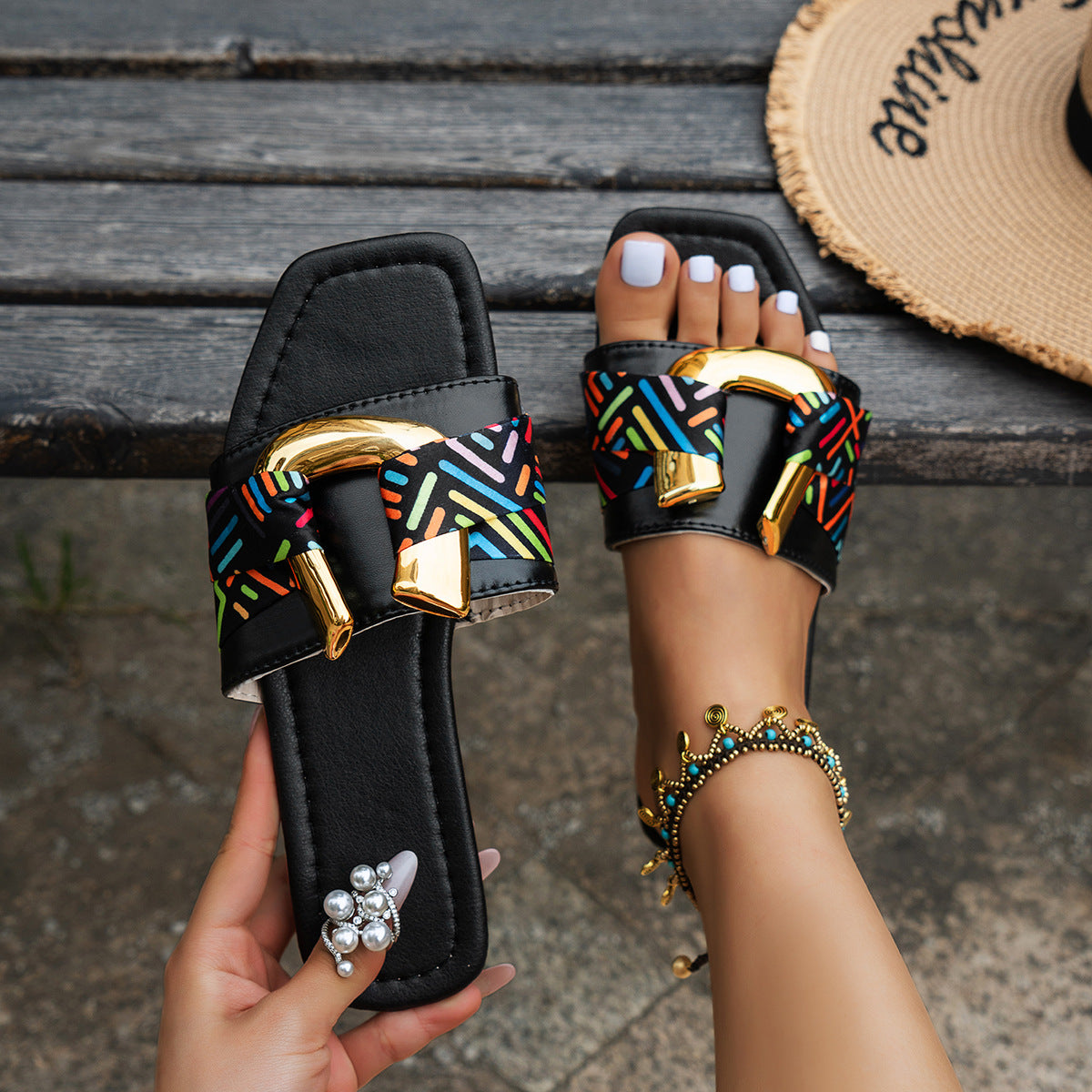 sandals  | Square Toe Flat Sandals Metal Buckle Slippers Summer Beach Shoes Women | Black |  Size36| thecurvestory.myshopify.com