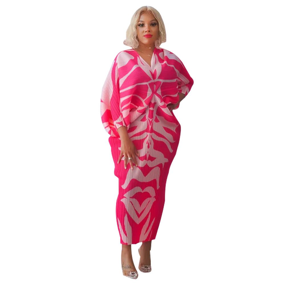 Dress  | Free Size Women V-neck Batwing Sleeve Printing Dress Kimono | Rose Red |  Free Size| thecurvestory.myshopify.com