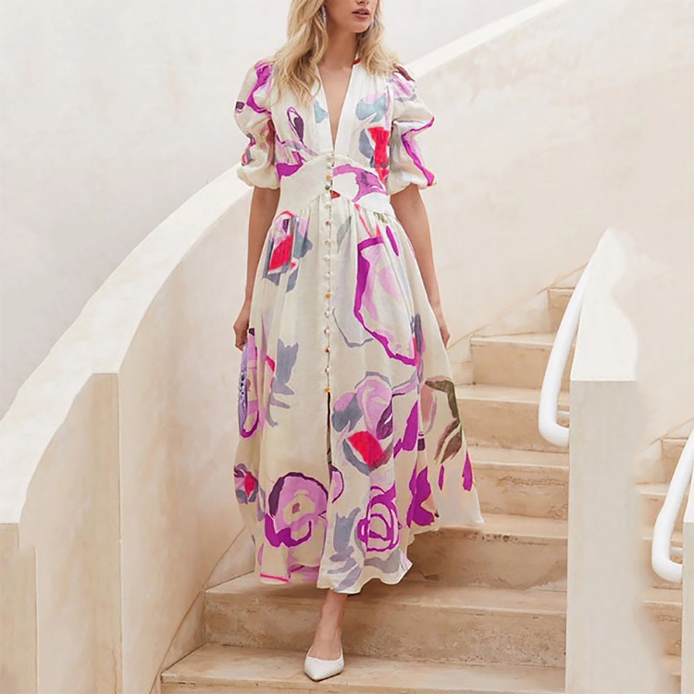 dresses  | Print Dresses For Women Summer V-neck Button Short Sleeve Dress | Rose |  L| thecurvestory.myshopify.com
