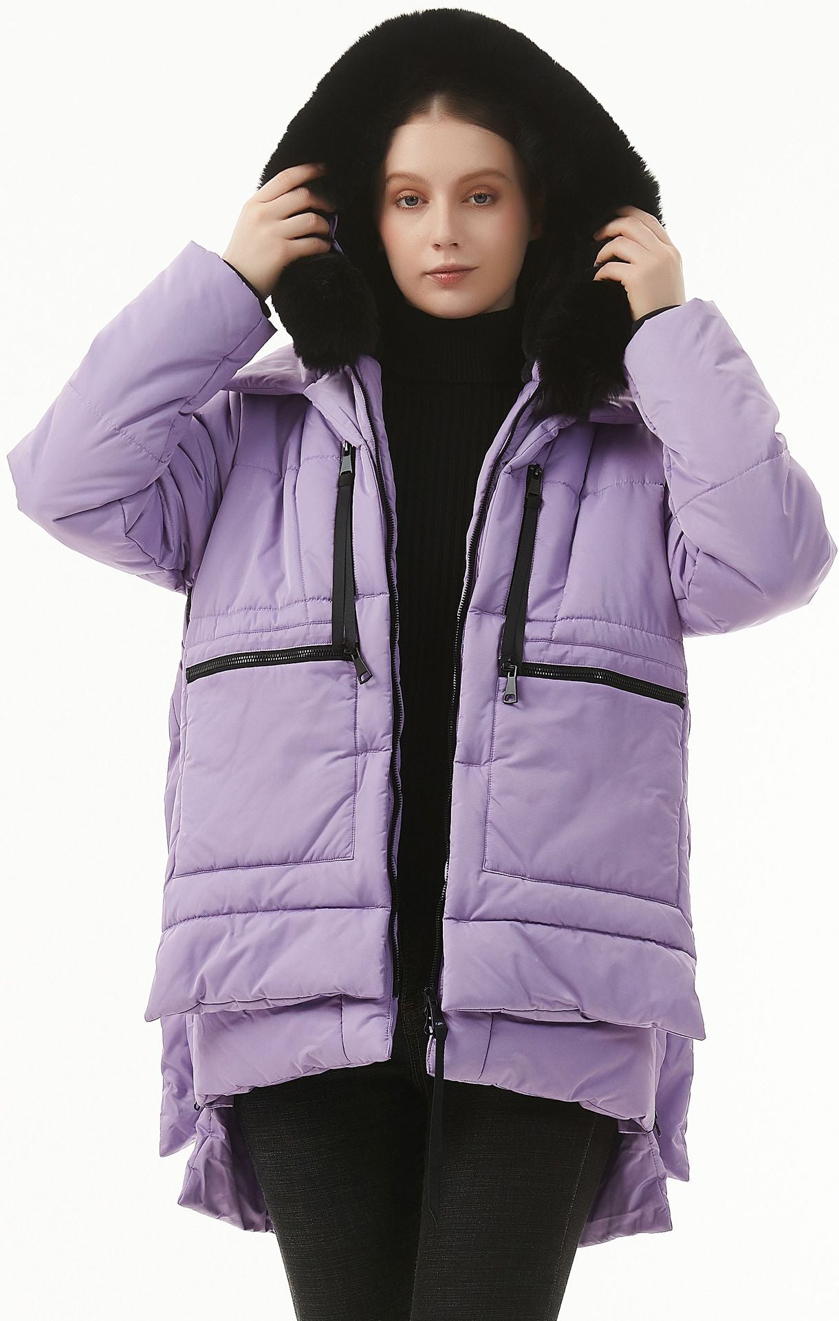 jackets  | Women's Casual Hooded Middle Long Cotton-padded Coat | Purple |  L| thecurvestory.myshopify.com