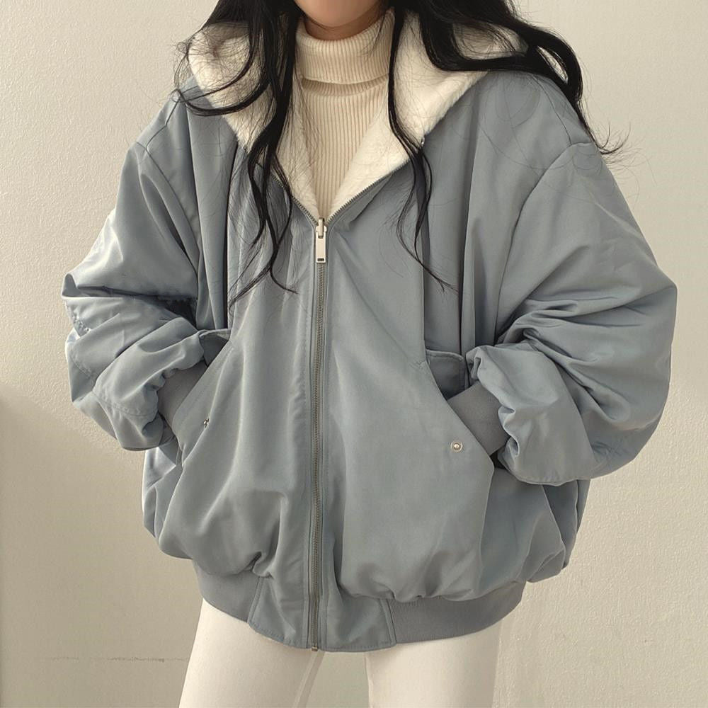 jackets  | Playful Elegance: Simple and Loose Thickened Cotton Coat with Hooded Collar for Ultimate Warmth | Blue |  L| thecurvestory.myshopify.com