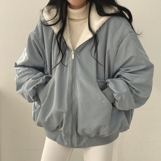 jackets  | Playful Elegance: Simple and Loose Thickened Cotton Coat with Hooded Collar for Ultimate Warmth | Blue |  L| thecurvestory.myshopify.com