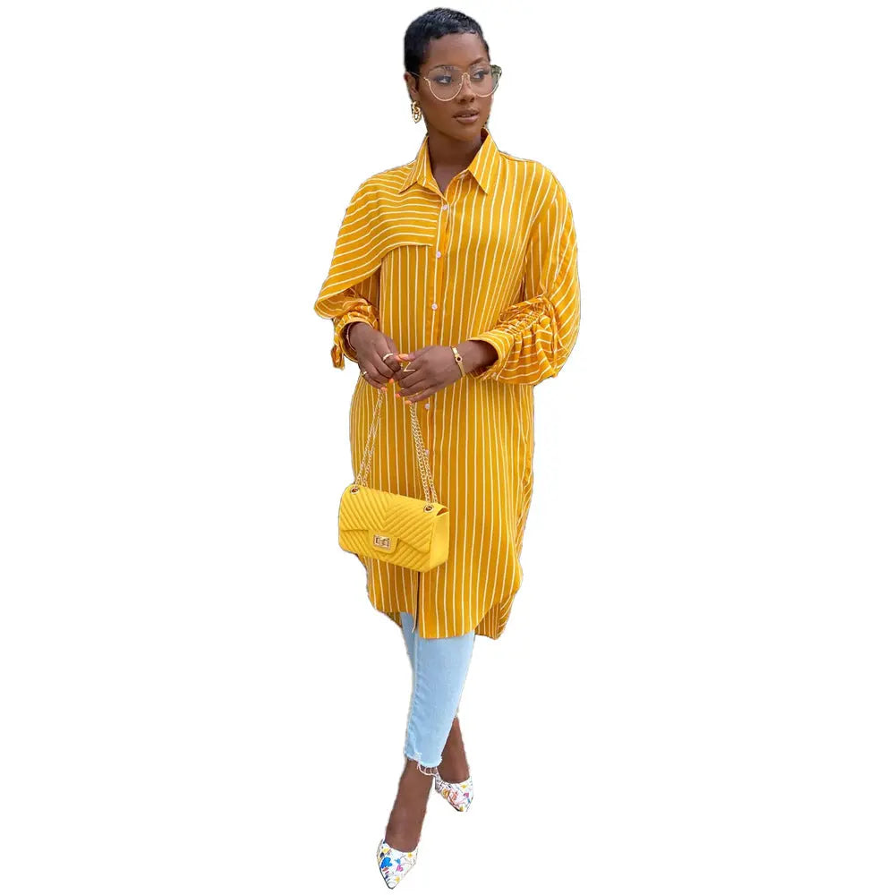 [product_type]  | Striped Shirt Loose Long Thin Coat Choose Top | Light yellow and white |  2XL| thecurvestory.myshopify.com