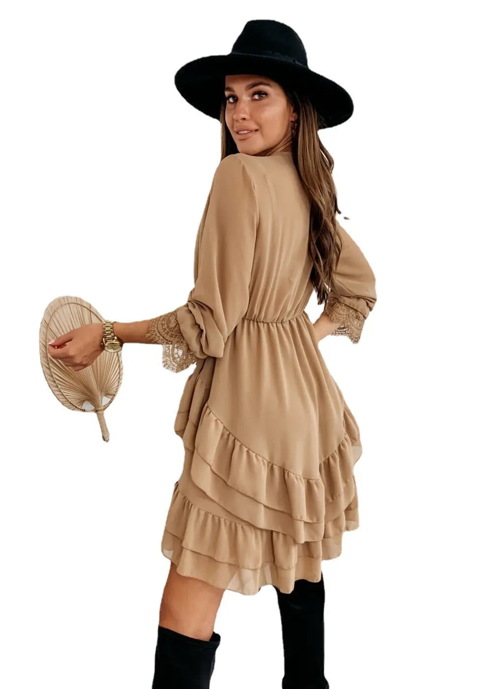 [product_type]  | Turtleneck Long Sleeve V-Neck Ruffle Skirt Chiffon Dress | [option1] |  [option2]| thecurvestory.myshopify.com