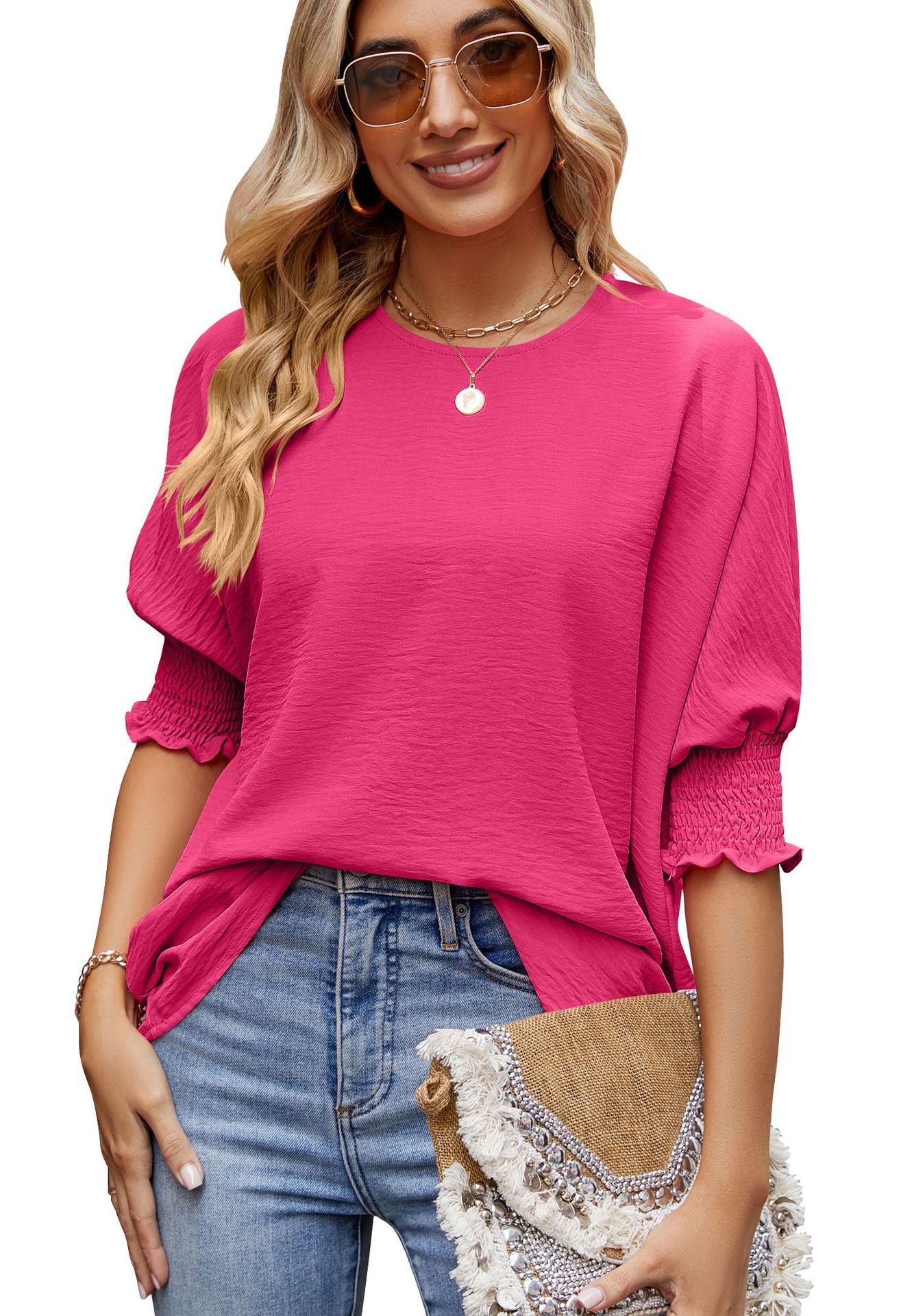 Tops  | Women's Loose T-shirt With Elastic Sleeves Solid Color Outfit Fashion Tops Clothes | Rose Red |  L| thecurvestory.myshopify.com