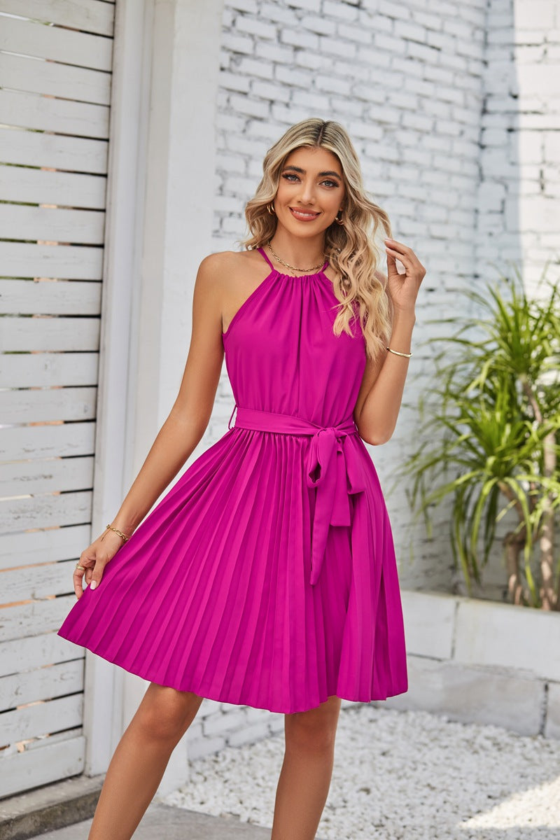 dresses  | Halter Strapless Dresses For Women Solid Pleated Skirt Summer Beach Sundress | Rose |  L| thecurvestory.myshopify.com