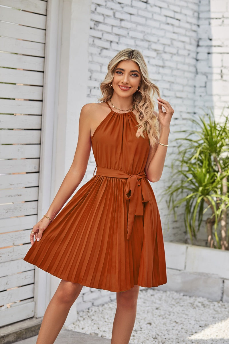 dresses  | Halter Strapless Dresses For Women Solid Pleated Skirt Summer Beach Sundress | Chocolate |  L| thecurvestory.myshopify.com