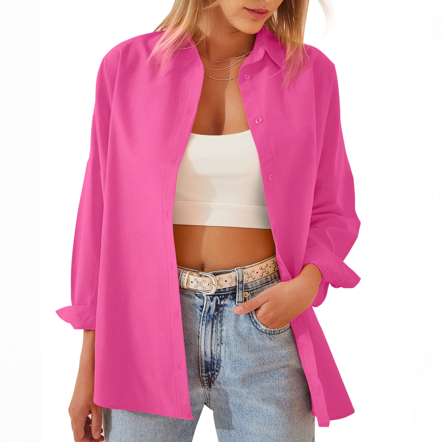 Shirt  | Women's Shirt Jacket Long Sleeve Blouse Button Down Tops Candy Color Shirt | Rose Red |  2XL| thecurvestory.myshopify.com
