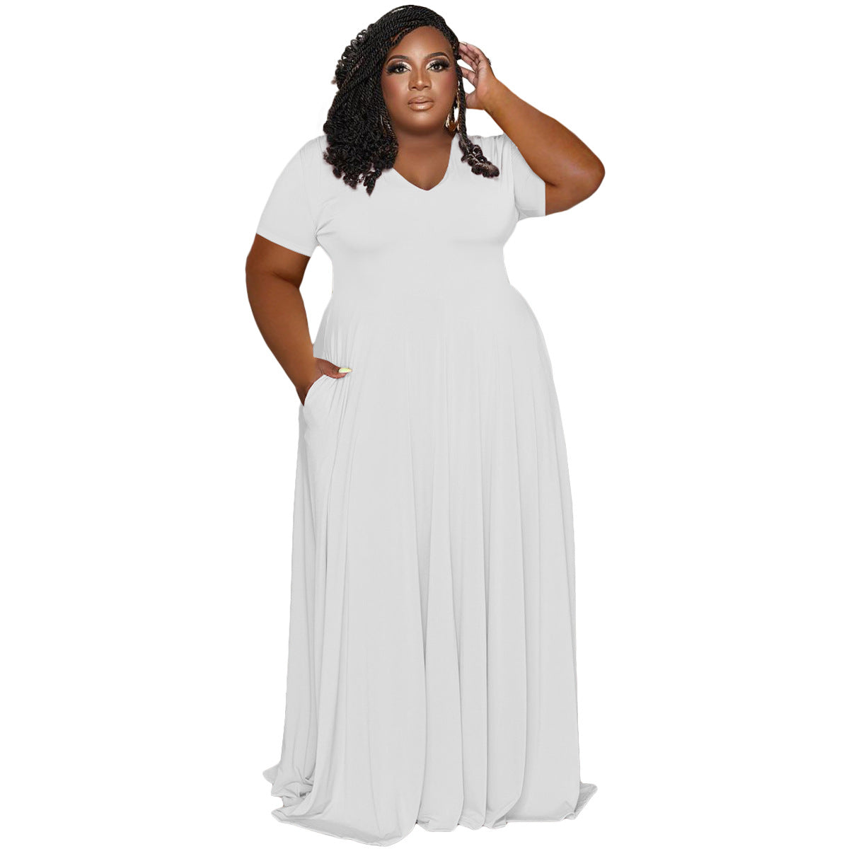 dresses  | Plus Size Women Casual Fashion V-neck Solid Color long Dress | White |  2XL| thecurvestory.myshopify.com