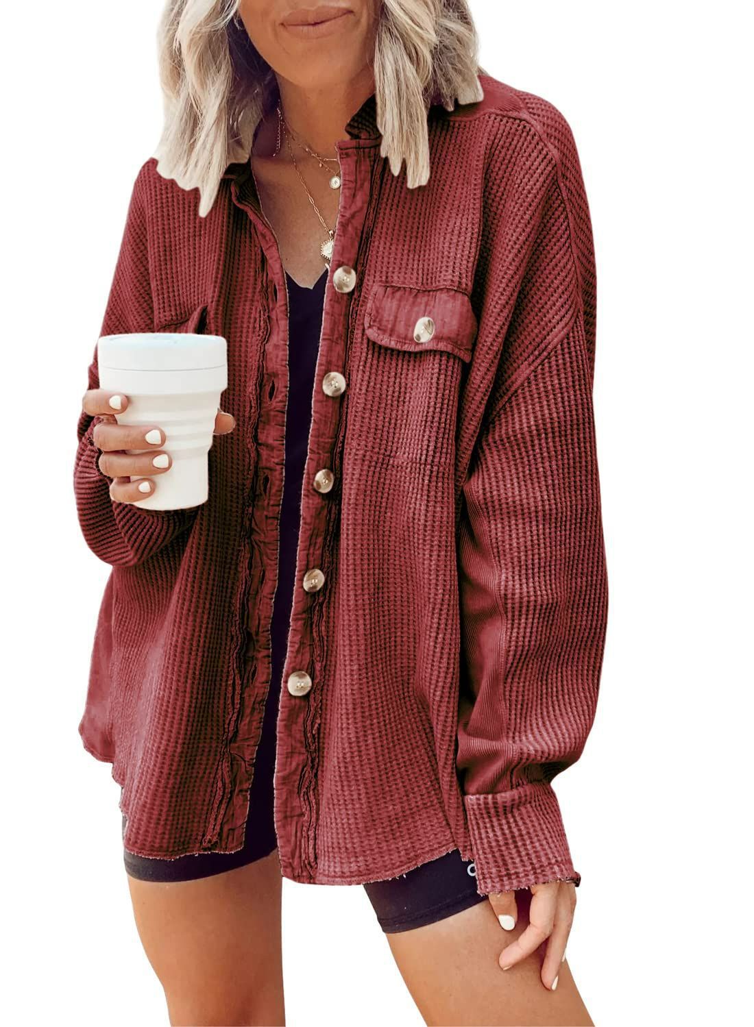 Shirt  | Button Shirt Jacket Women Lapel Long Sleeve Blouse Fashion Jacket Tops | WIne Red |  L| thecurvestory.myshopify.com
