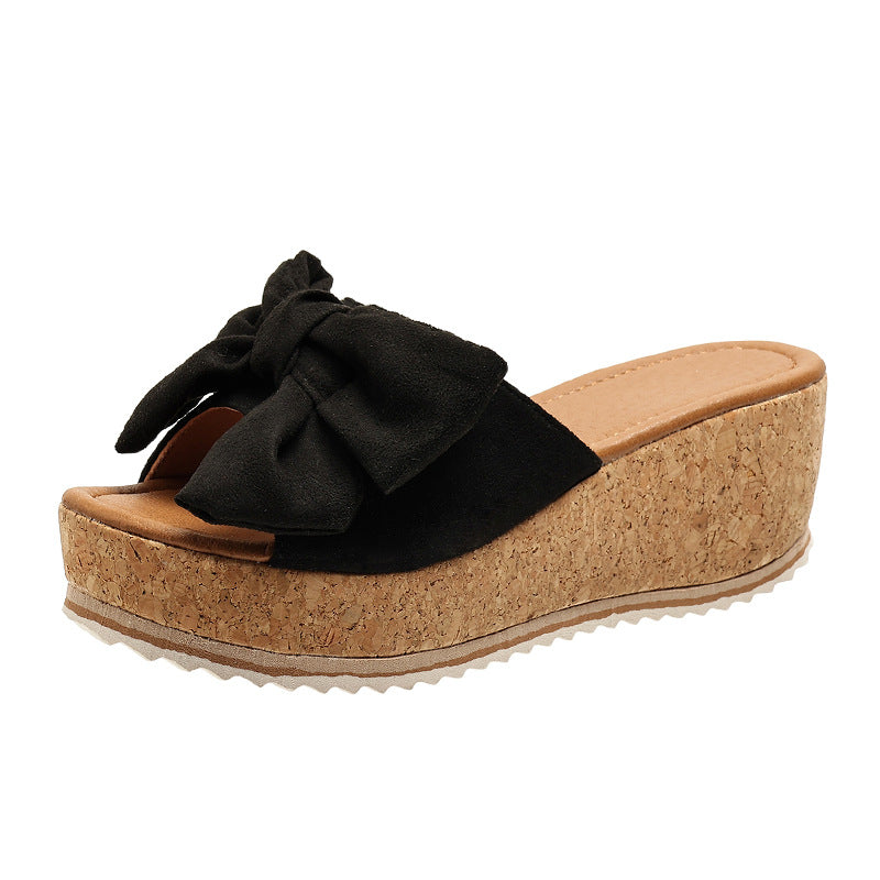 Platform sandals  | Fashion Bow Leopard Print Wedge Slippers For Women | Black |  Size36| thecurvestory.myshopify.com