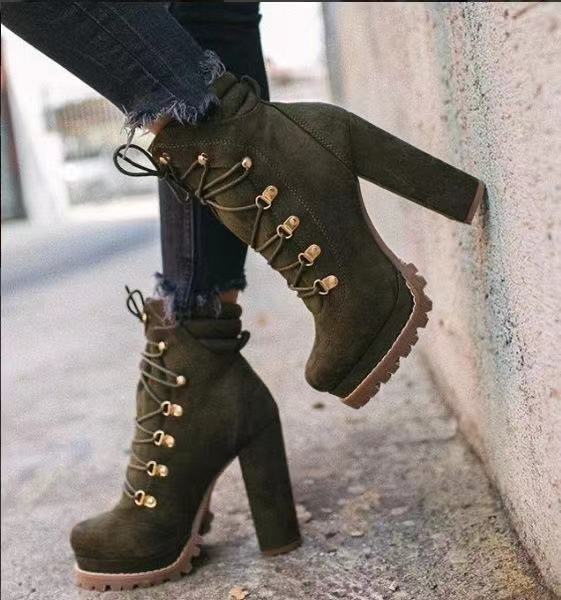 Boots  | Heeled Boots For Women Round Toe Lace UP High Heels Boots Mid Calf Shoes | Green |  Size35| thecurvestory.myshopify.com