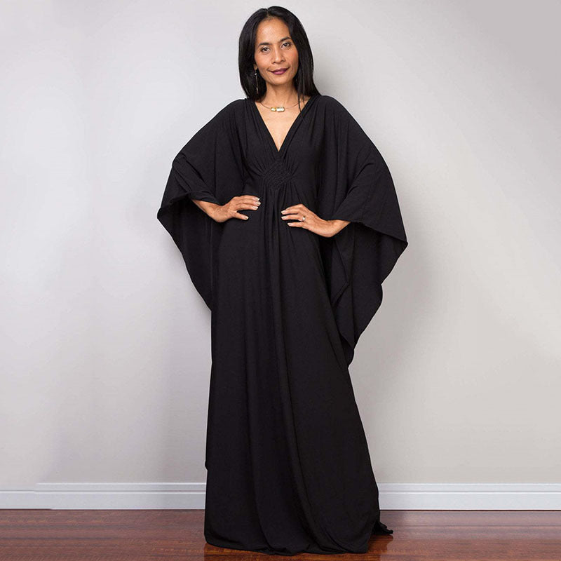 Dress  | Free Size  Chest Woven Loose Plus Size Beach Cover-up Robe Vacation | Black |  Free Size| thecurvestory.myshopify.com