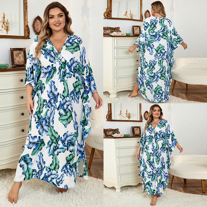 Dress  | Loose Plus Size Robe Vacation Beach Coat | Leaves |  Free Size| thecurvestory.myshopify.com