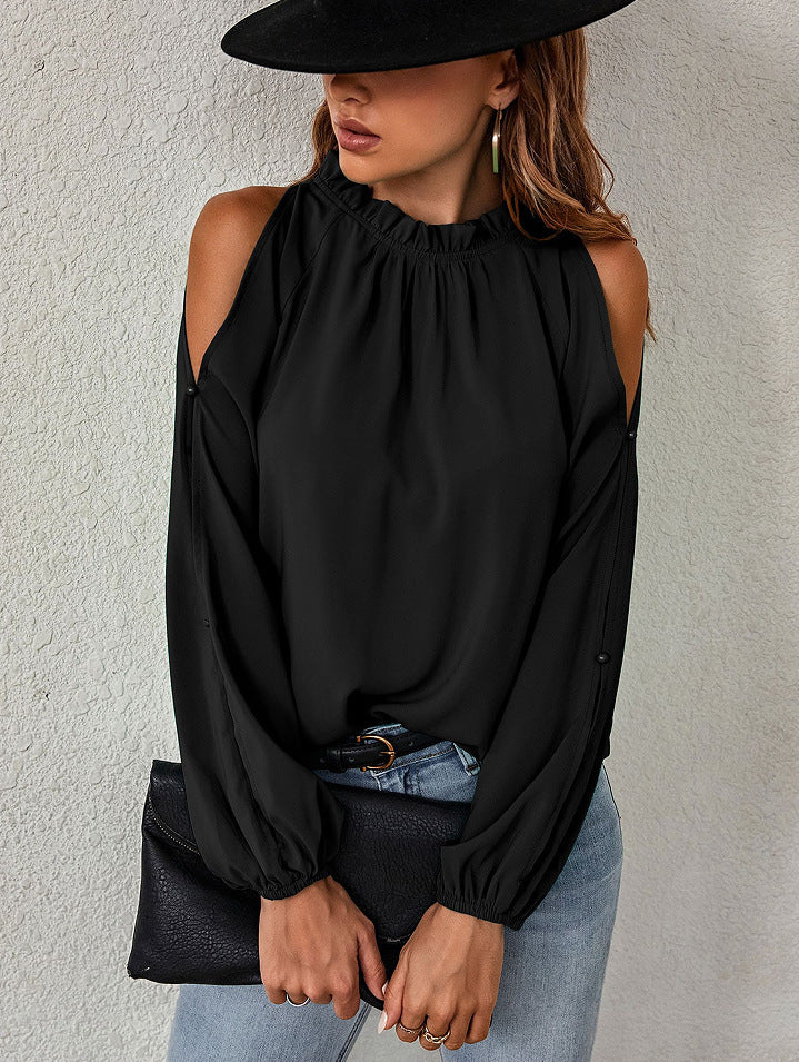 Tops  | Ruffle Round Neck Long Sleeve Pleated Off-shoulder Top | Black |  2XL| thecurvestory.myshopify.com