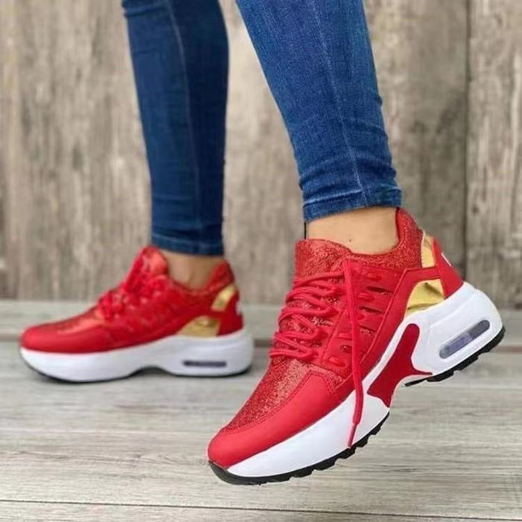 Trainers & Sneakers  | Lace Up Sneakers Women Wedge Heel Running Sports Shoes | Red |  Size35| thecurvestory.myshopify.com