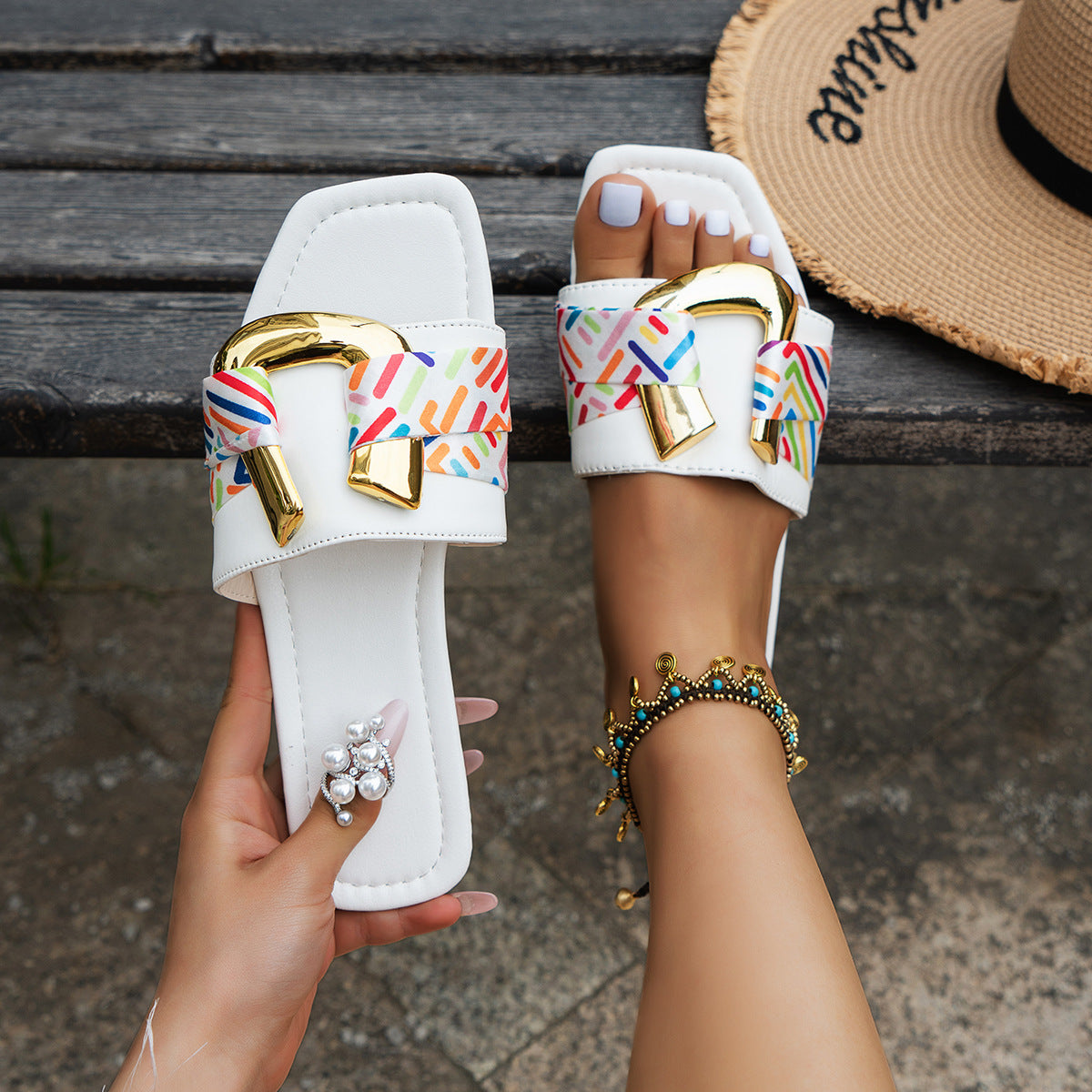 sandals  | Square Toe Flat Sandals Metal Buckle Slippers Summer Beach Shoes Women | White |  Size36| thecurvestory.myshopify.com