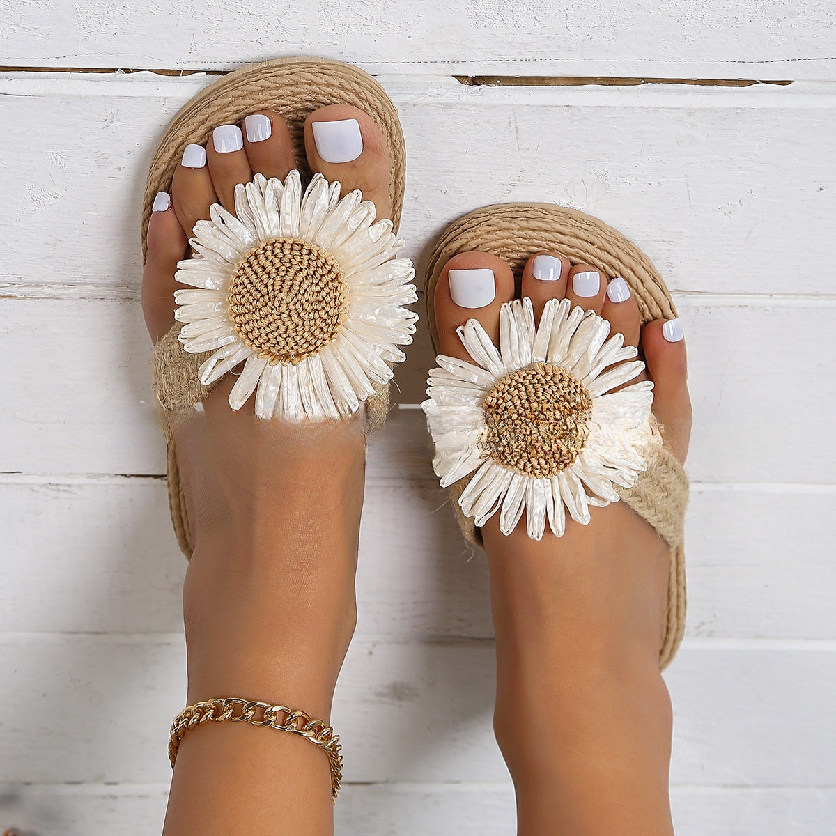 Slippers  | Summer New Fashion Women's Linen Fashion Simple Flower Flat Casual Sandals | Dark Khaki Cloth Color |  37| thecurvestory.myshopify.com
