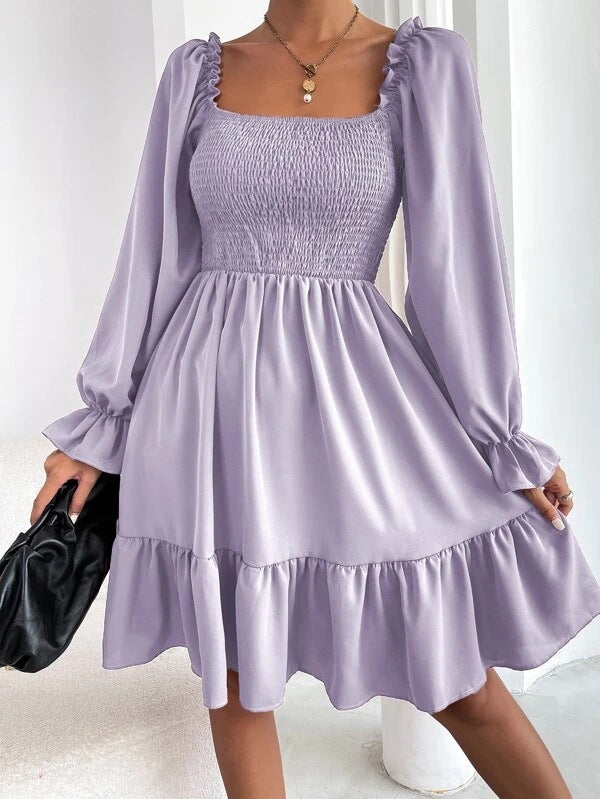 dresses  | Flared Long Sleeve Dresses Women Square Neck Ruffled Swing Dress | Purple |  L| thecurvestory.myshopify.com