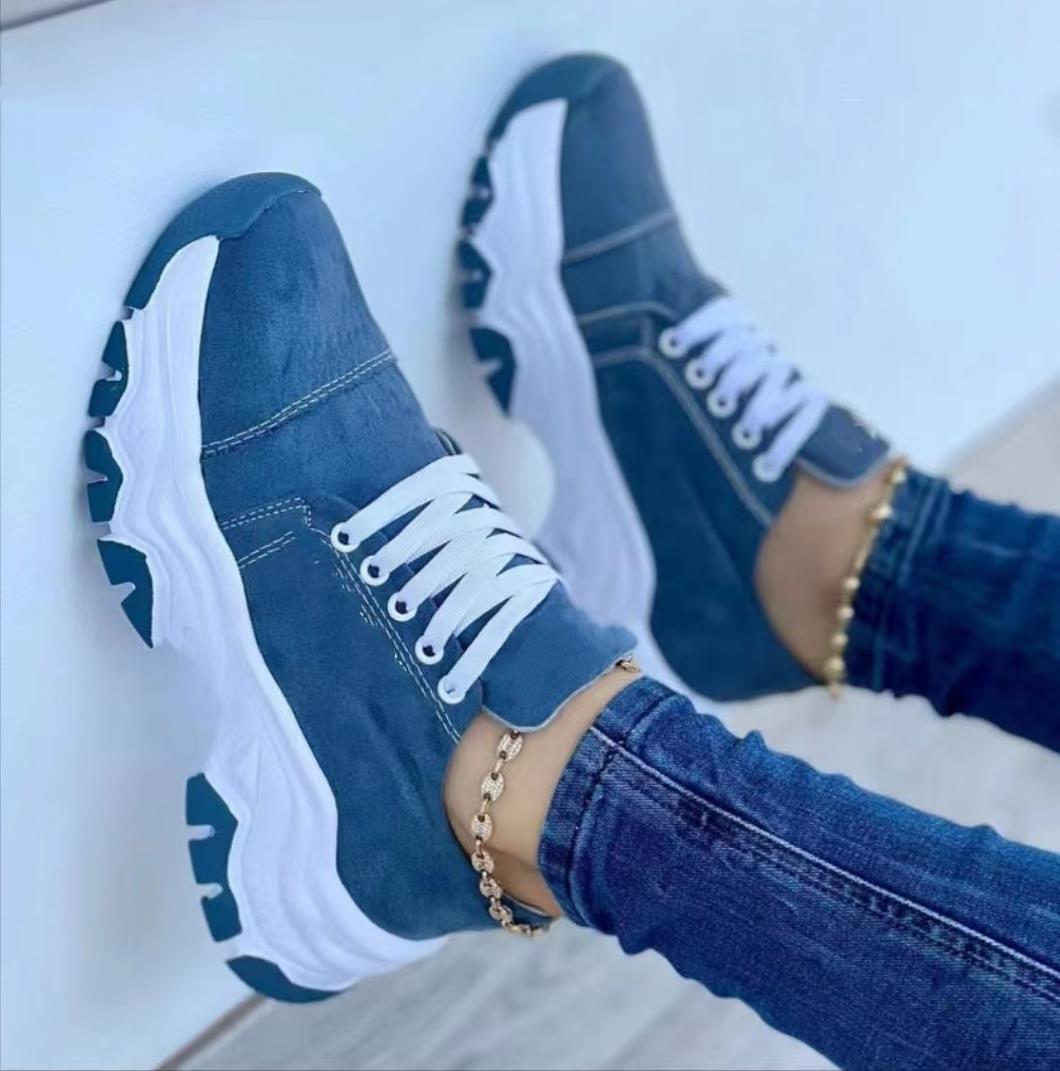 sneakers  | Platform Sport Flats Shoes Lace-up Sneaker Outdoor Walking Casual Shoes Women | Blue |  Size36| thecurvestory.myshopify.com