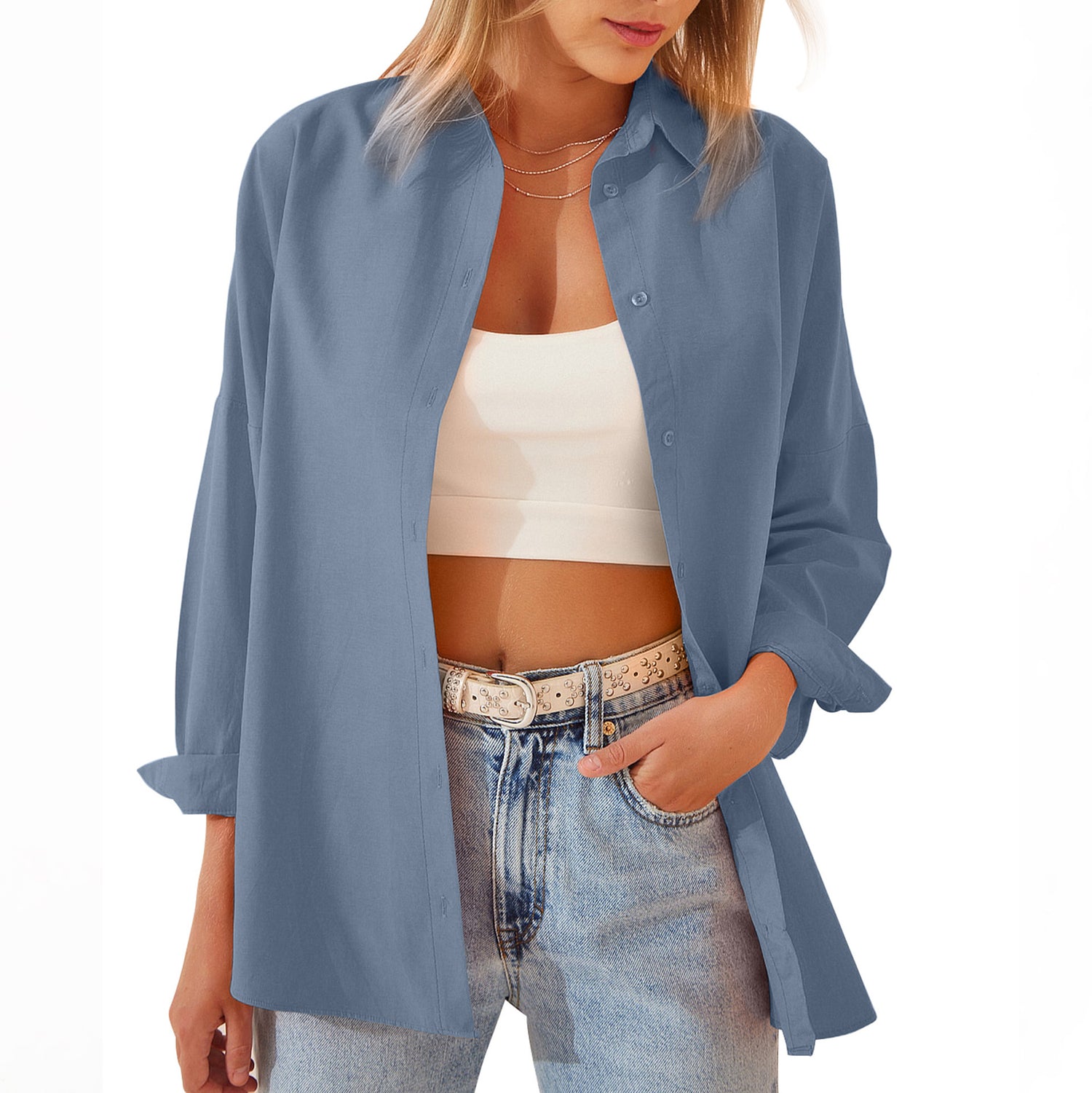 Shirt  | Women's Shirt Jacket Long Sleeve Blouse Button Down Tops Candy Color Shirt | Blue Grey |  2XL| thecurvestory.myshopify.com