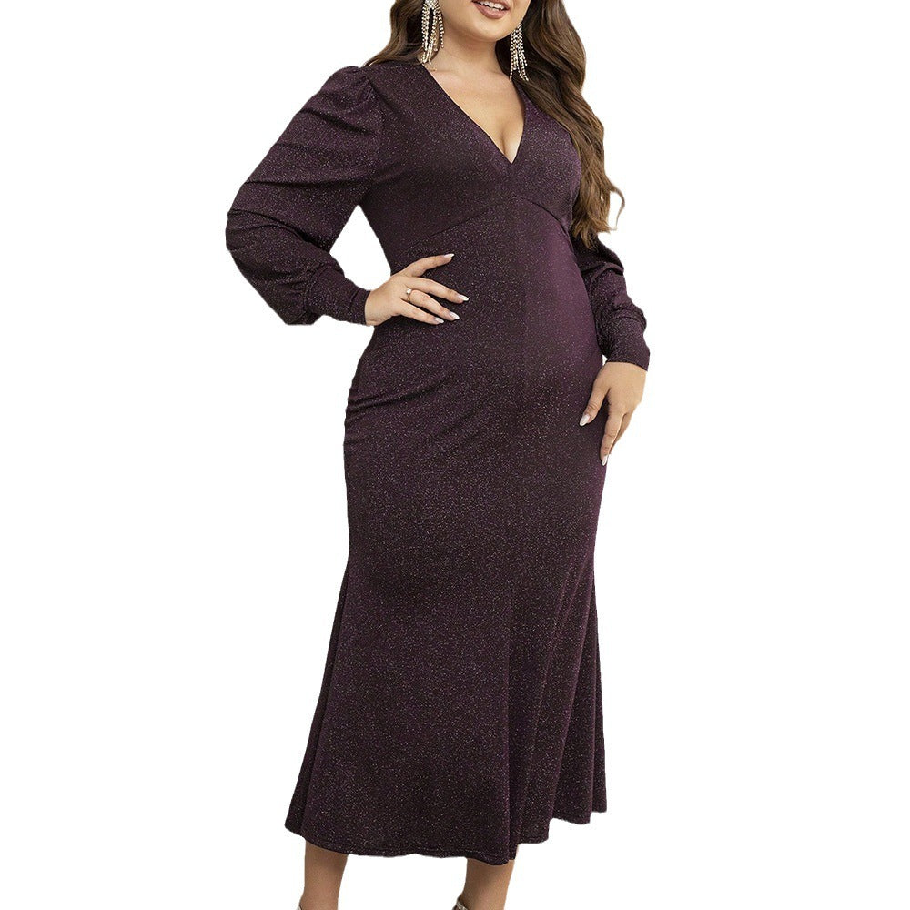 Dress  | Plus Size Women's Dress V-neck Long Sleeve Fat Sister Slimming Dress | |  | thecurvestory.myshopify.com