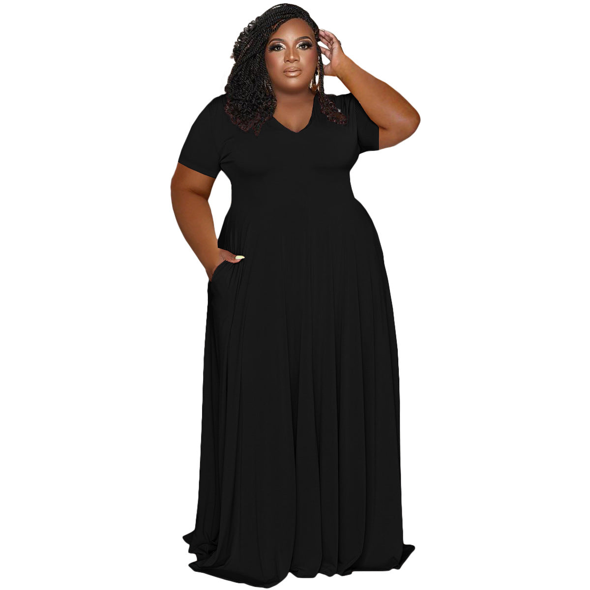 dresses  | Plus Size Women Casual Fashion V-neck Solid Color long Dress | Black |  2XL| thecurvestory.myshopify.com
