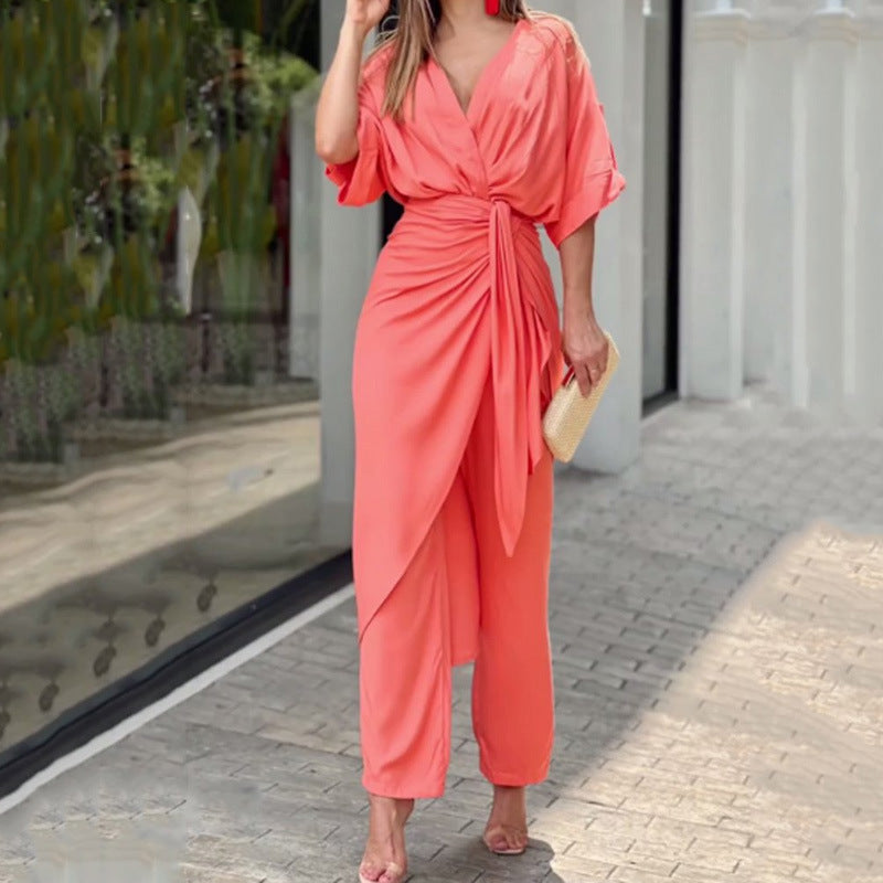 dresses  | Elegance Redefined: Tied V-neck Long Sleeve Leisure Suit for Timeless Temperament | Red |  2XL| thecurvestory.myshopify.com