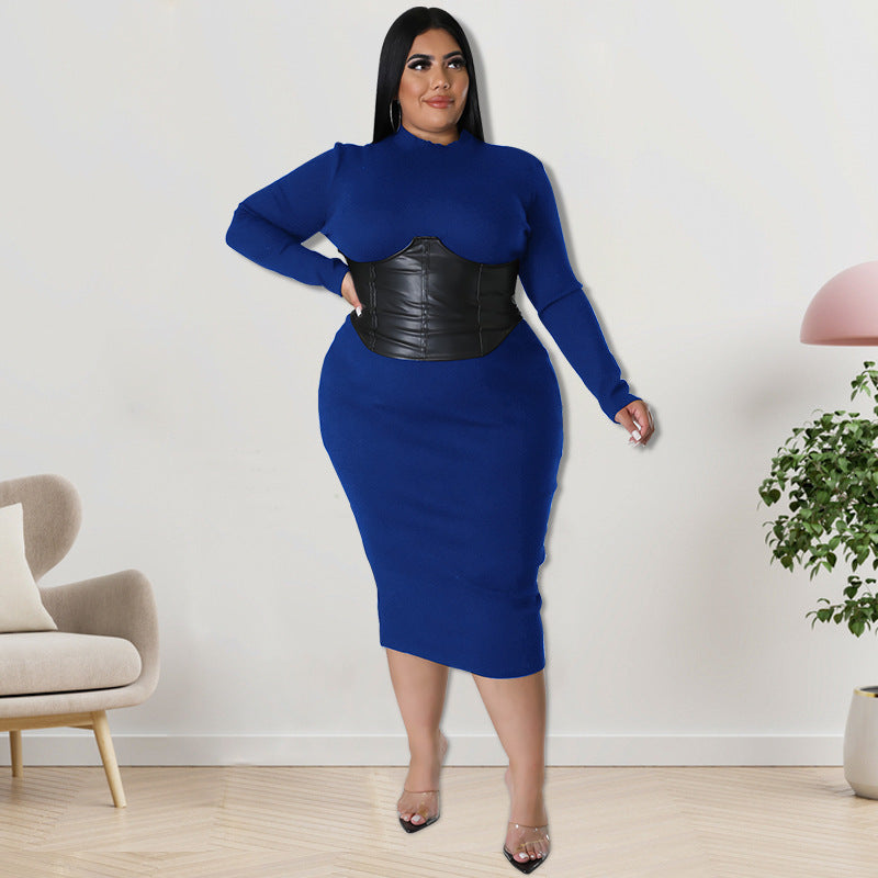 Dress  | Fall Plus Size Women's Zipper Hit Leather Dress | Blue |  2XL| thecurvestory.myshopify.com