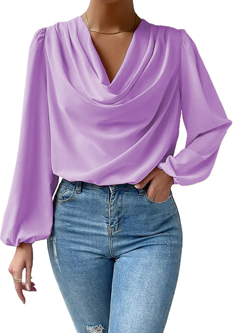 Tops  | Chiffon Long-sleeved Shirt Loose V-neck Top T-shirt Women's Clothing | Purple |  3XL| thecurvestory.myshopify.com