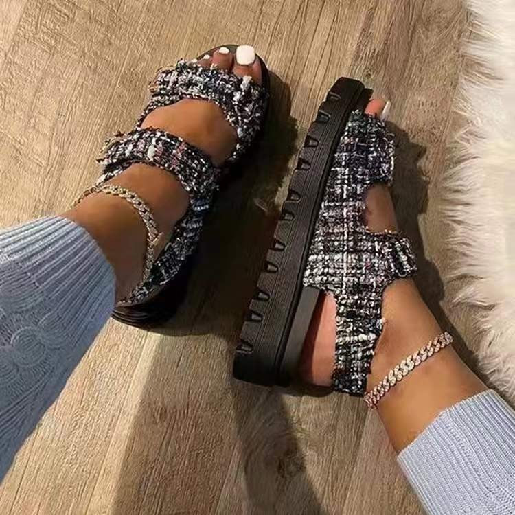 Platform sandals  | Women's Classic Style Plaid Velcro platform sandals | Black And Floral |  36| thecurvestory.myshopify.com