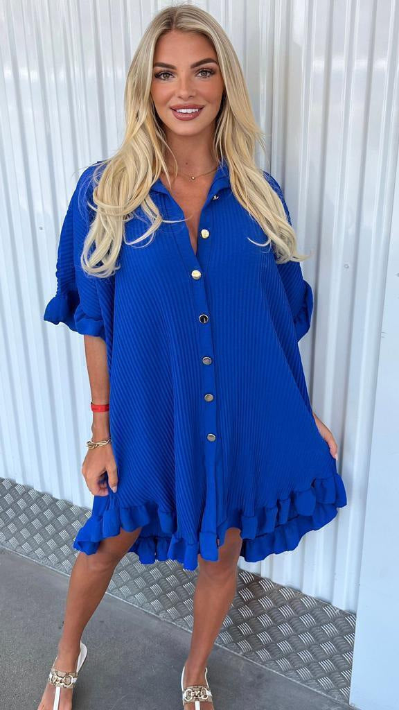 Dress  | Summer Solid Color Shirt Dress Ruffle Sleeve Irregular Shirt Dress | Sapphire Blue |  3XL| thecurvestory.myshopify.com