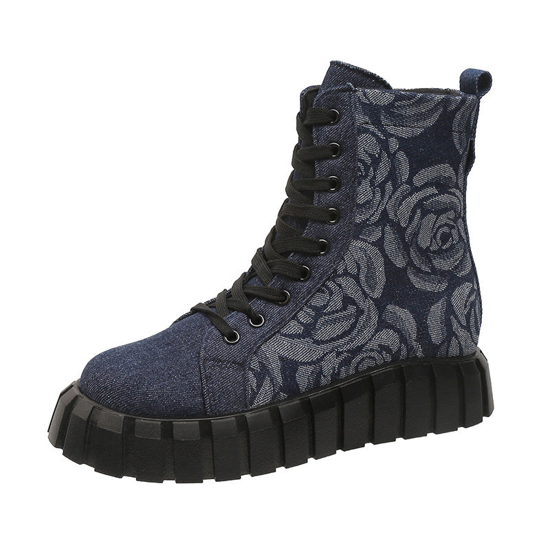 Boots  | Women's Floral Printed Chunky Lace up Ankle Boot | Blue |  Size36| thecurvestory.myshopify.com