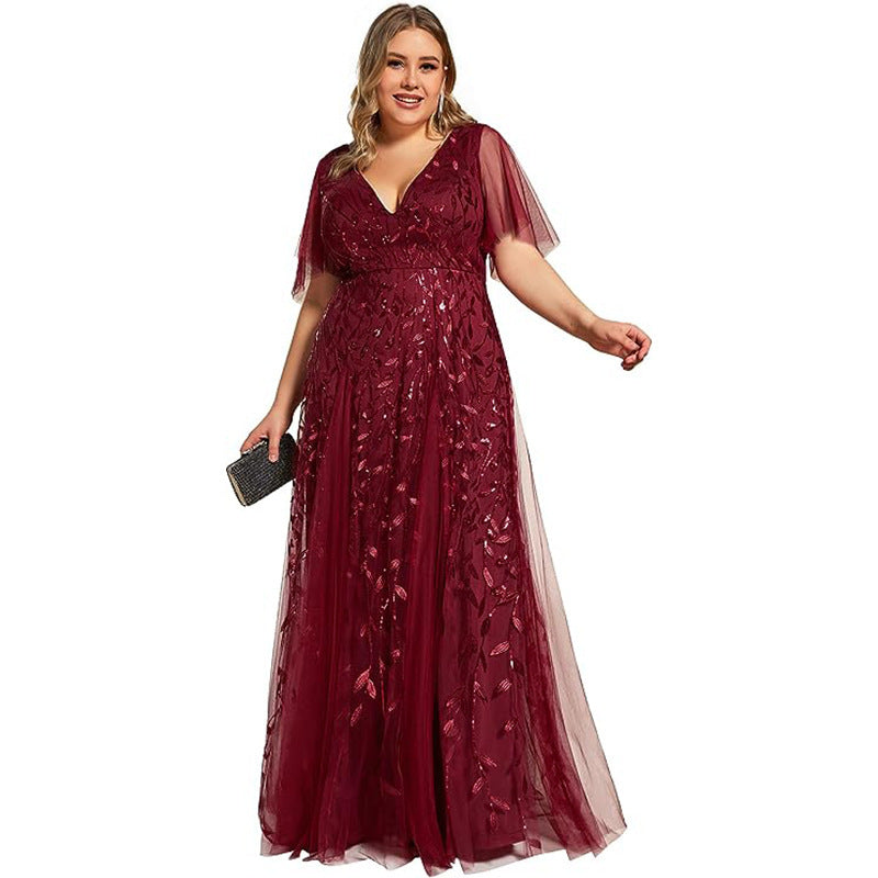 Dress  | Women's Plus Size Bridesmaid Sequined Net Fishtail Dress | Wine Red |  US10| thecurvestory.myshopify.com