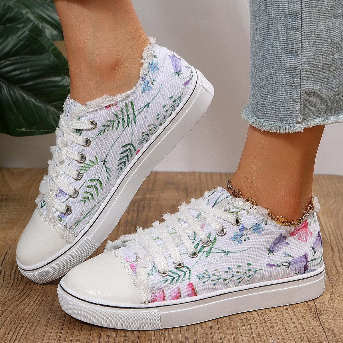 Trainers & Sneakers  | Casual Flat Canvas Shoes Flowers Lace-up Flowers Print Loafers Women Walking Shoes | White Green Twig |  36.| thecurvestory.myshopify.com