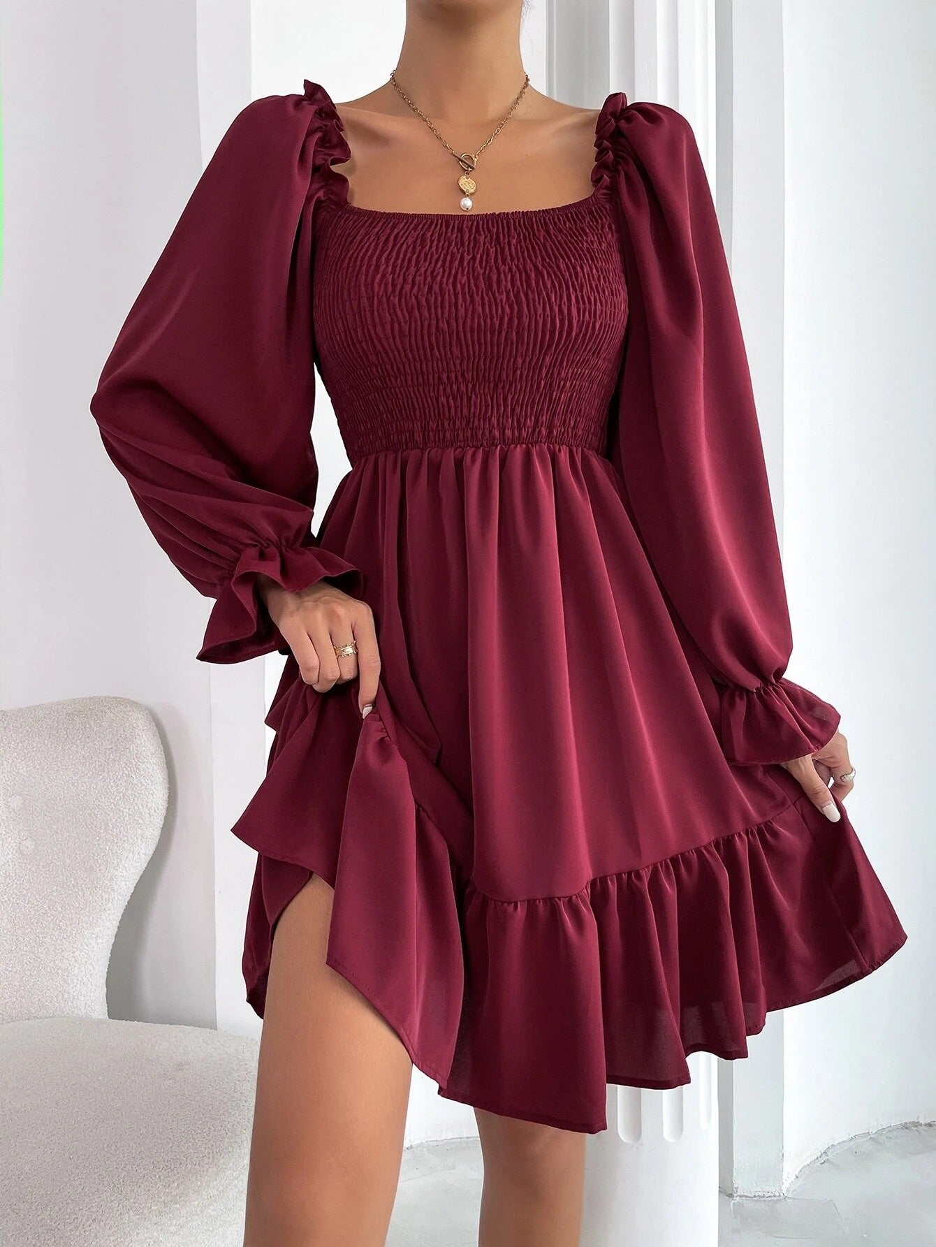dresses  | Flared Long Sleeve Dresses Women Square Neck Ruffled Swing Dress | Wine Red |  L| thecurvestory.myshopify.com