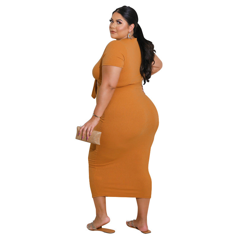 Women plus size Midriff-baring Top Mid-length Dress Set