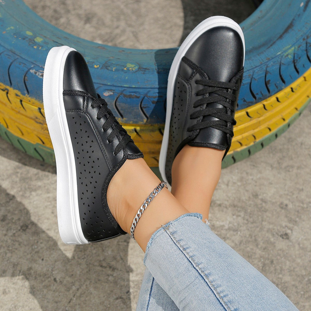 sneakers  | Cutout Flat Shoes Lace-up Hollow Out Walking Shoes For Women Loafers | Black |  36.| thecurvestory.myshopify.com