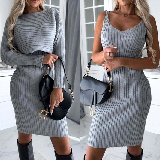 Plus Size Women Solid Stripe Top And Tight Suspender Skirt Dress