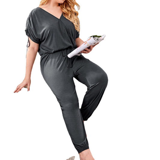 Jumpsuit  | Women Plus Size Leisure Fashion Home Wear Short-sleeved Jumpsuit | XL |  Dark Gray| thecurvestory.myshopify.com