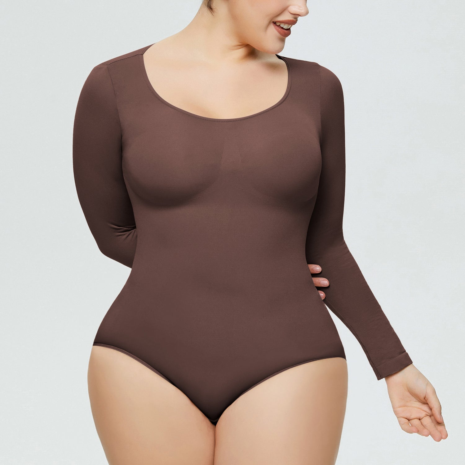 Lingerie  | Women's Long-Sleeved Corset Body Shaper Bodysuit – One-Piece Bottoming Shirt | Brown |  2XL| thecurvestory.myshopify.com