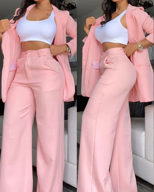co-ord sets  | Women Plus Size Plain Color Sleeve Lapel Suit Pocket Straight-leg Pants Suit | Pink |  L| thecurvestory.myshopify.com