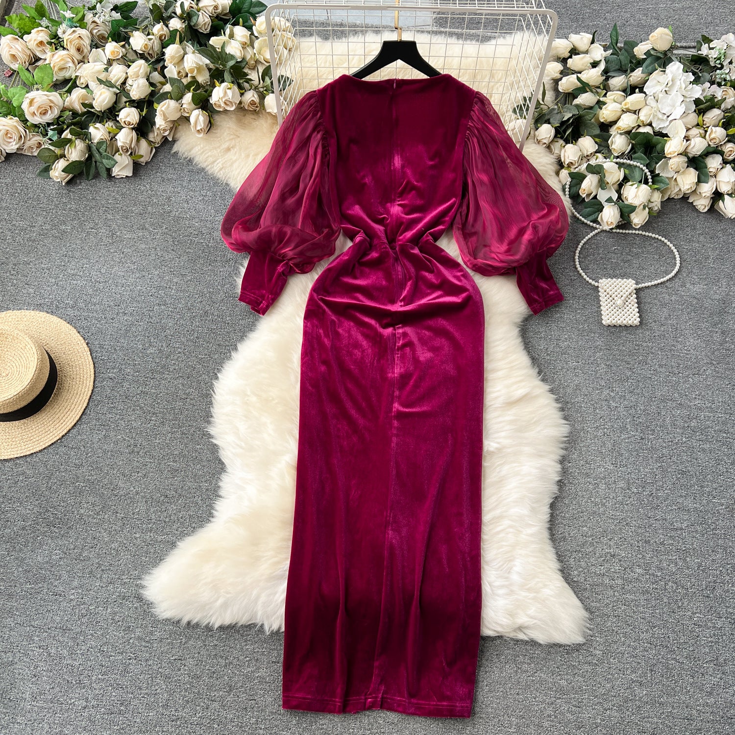 Dress  | Women Vintage Velvet Lantern Sleeve Slim Mid-length Split Knee-length Court Style Dress | |  | thecurvestory.myshopify.com