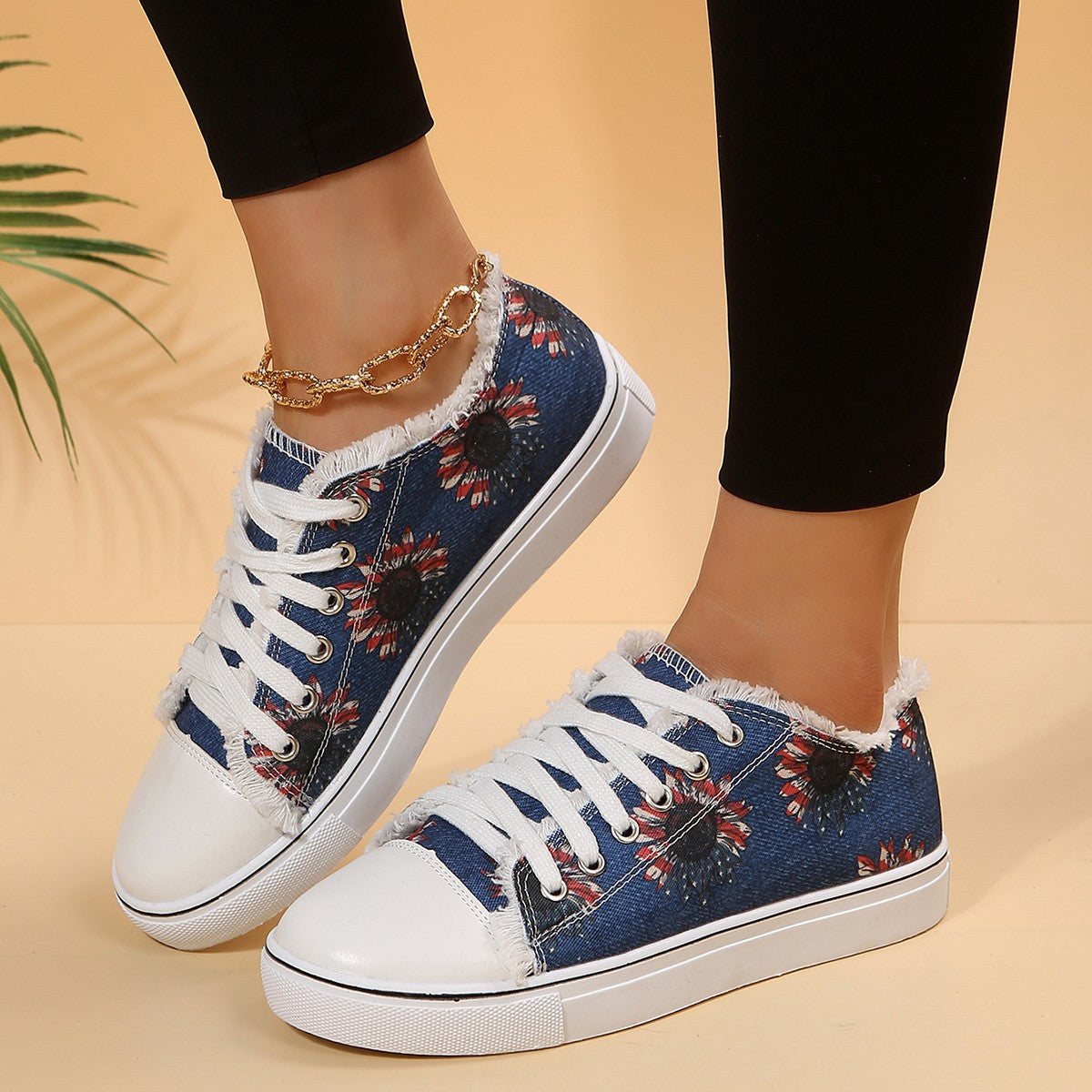 Trainers & Sneakers  | Casual Flat Canvas Shoes Flowers Lace-up Flowers Print Loafers Women Walking Shoes | Denim Jellyfish |  36.| thecurvestory.myshopify.com