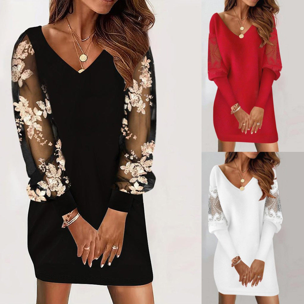 Dress  | Long-sleeved V-neck Lace Splicing Dress For Women | |  | thecurvestory.myshopify.com